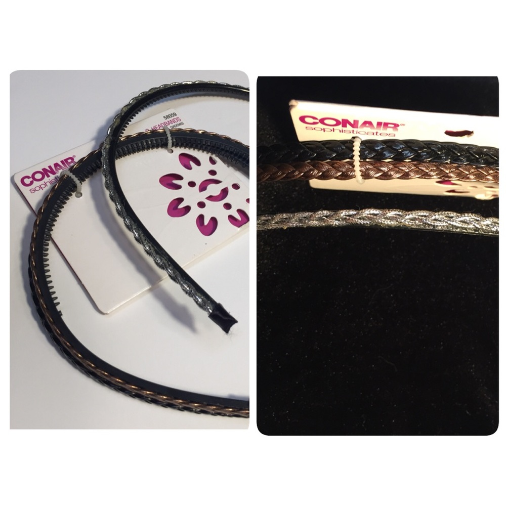 3 Conair Braided Headbands - Black, Copper, Silver